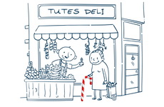 Cartoon of outside the front of a deli with a man selling products.