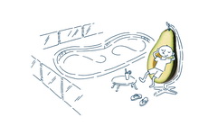 Cartoon of a man sitting in an avocado swinging chair.